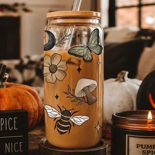 Gia Roma Fall Cottagecore 20oz travel mug amber glass cork lid bee butterfly mushroom art on Tampa Home & Garden Store