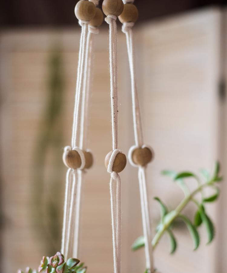 Cotton Hemp Rope Planter Hanger with natural wooden beads and cream cords, three strands on Tampa Home & Garden Store