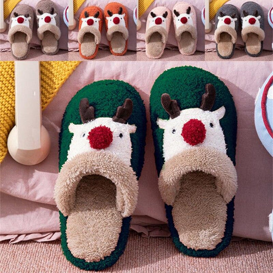 Stevvex pair of reindeer slippers with plush memory foam green base non-slip indoor house shoes on Tampa Home & Garden Store