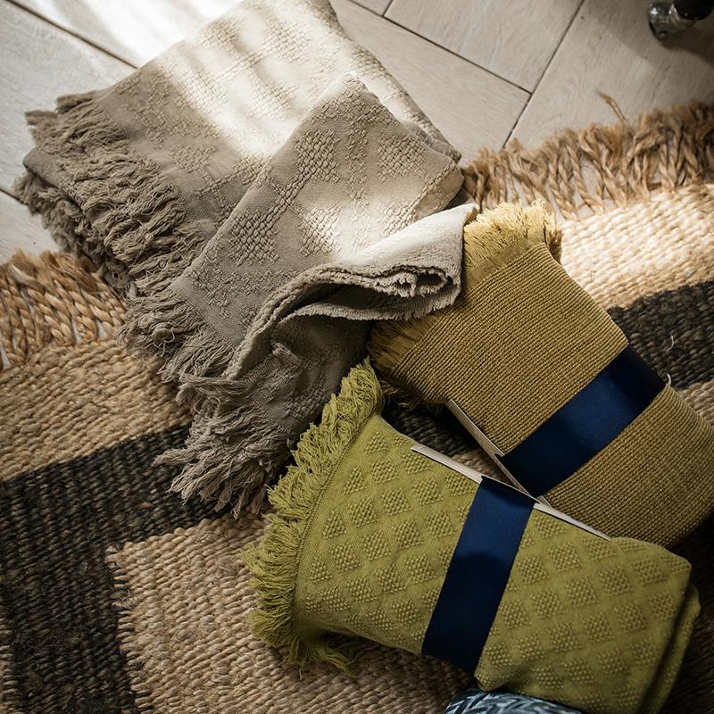 Cotton throw blanket set of 3 by RusticReach in gray and olive with fringed edges on Tampa Home & Garden Store