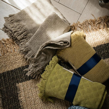 Cotton throw blanket set of 3 by RusticReach in gray and olive with fringed edges on Tampa Home & Garden Store