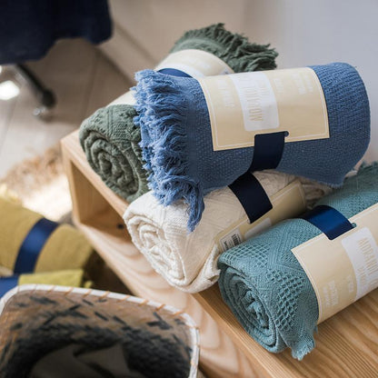 Cotton throw blanket set RusticReach, four rolled in blue white green teal on Tampa Home & Garden Store