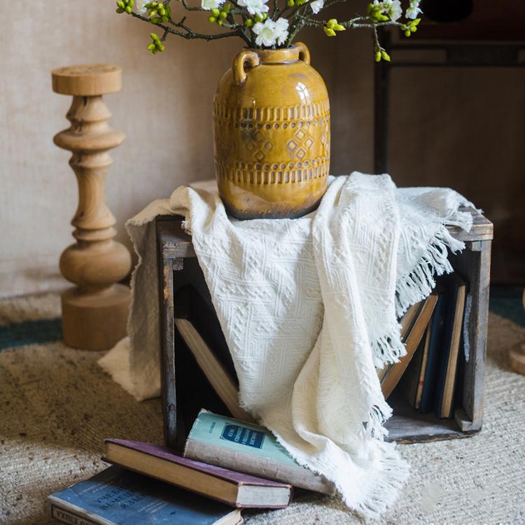 Cotton Throw Sofa Blanket white textured fringe with rustic crate display RusticReach on Tampa Home & Garden Store