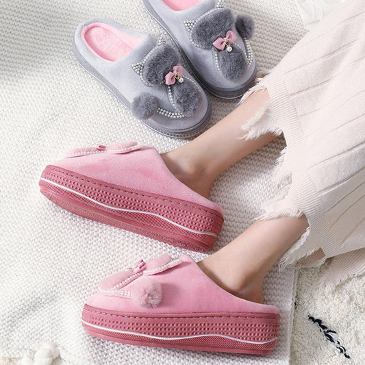 Stevvex cotton women's slippers pink and gray with fluffy pom-poms and memory foam sole on Tampa Home & Garden Store