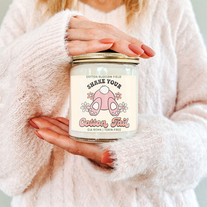 Cotton Blossom Retro Candle by Gia Roma in a clear jar with cream label and pink bunny motif on Tampa Home & Garden Store