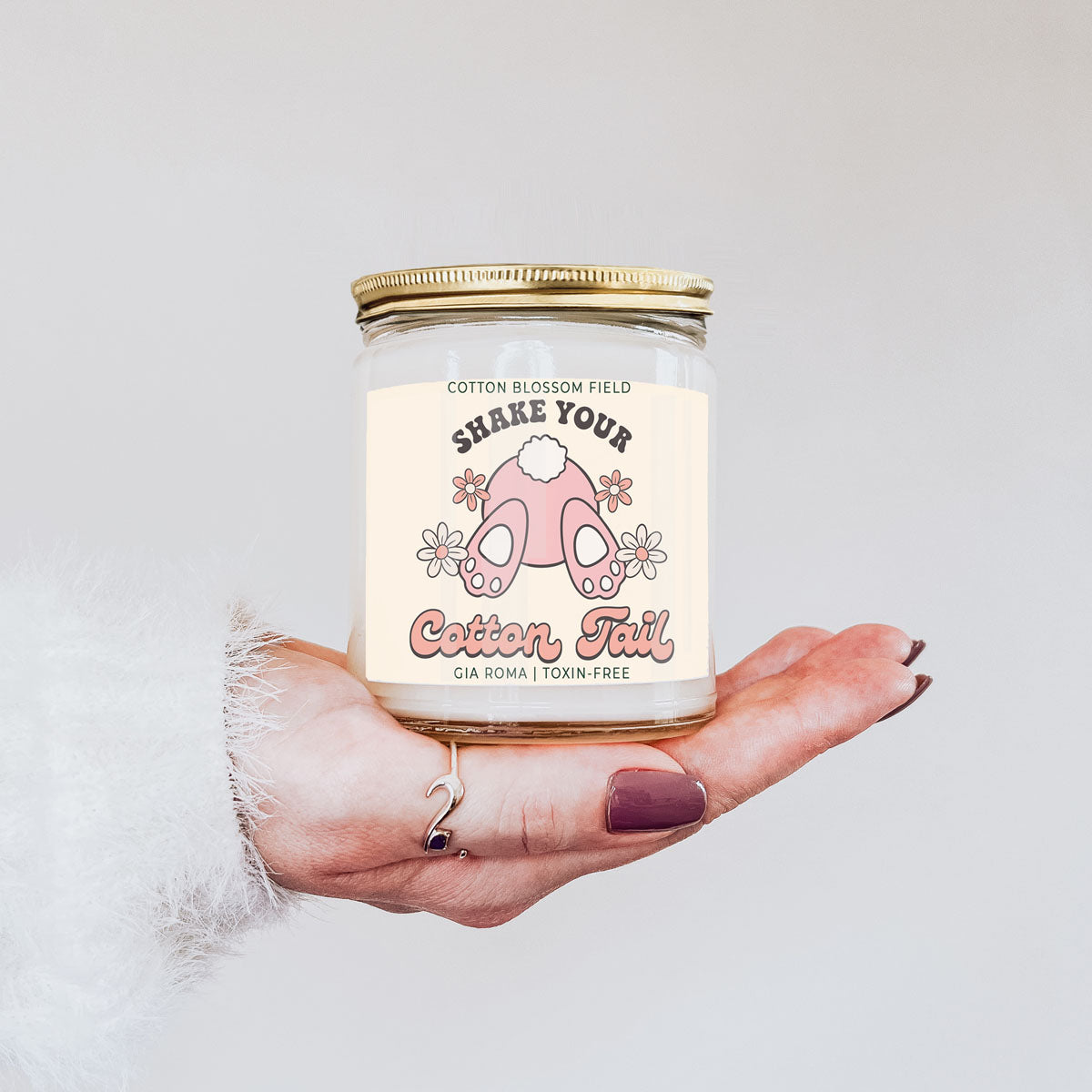 Cotton Blossom Retro Candle Gia Roma in glass jar with pastel label shows bunny and flowers on Tampa Home & Garden Store