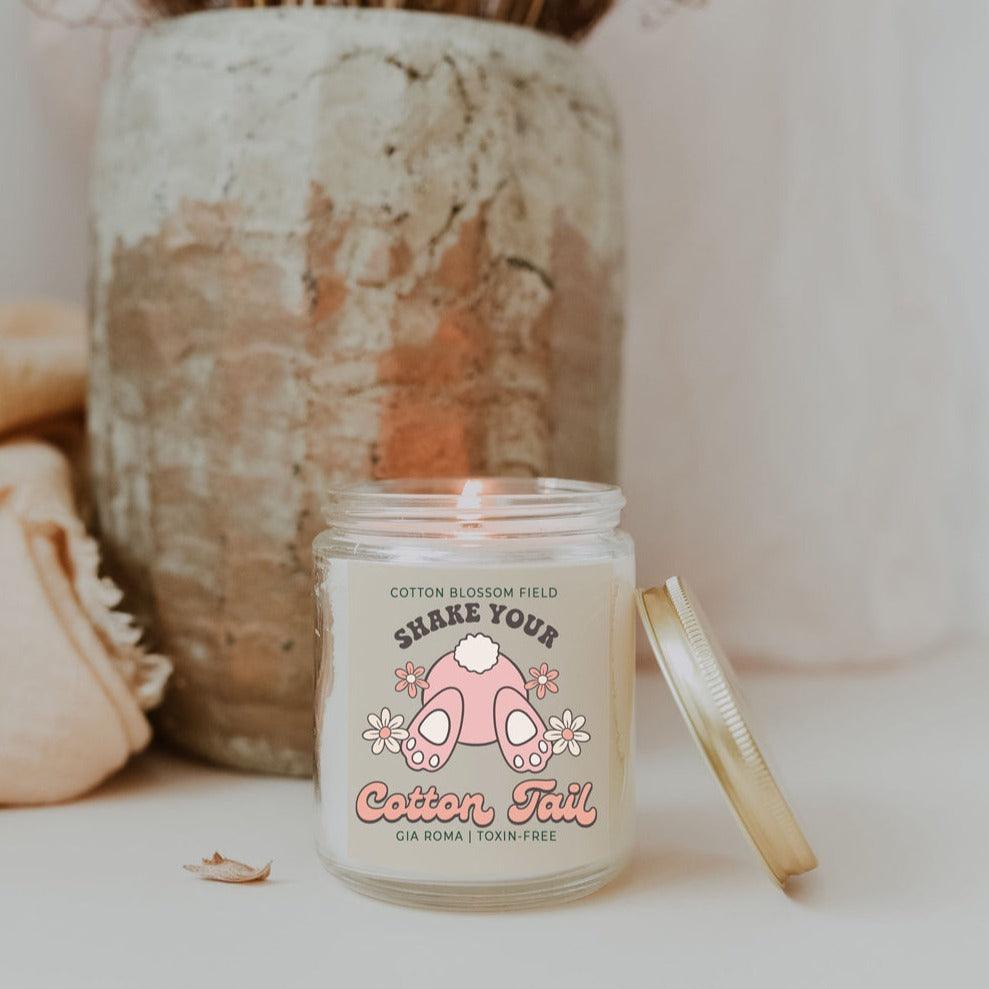 Cotton Blossom Retro Candle by Gia Roma in a clear glass jar with pink Cotton Tail label on Tampa Home & Garden Store