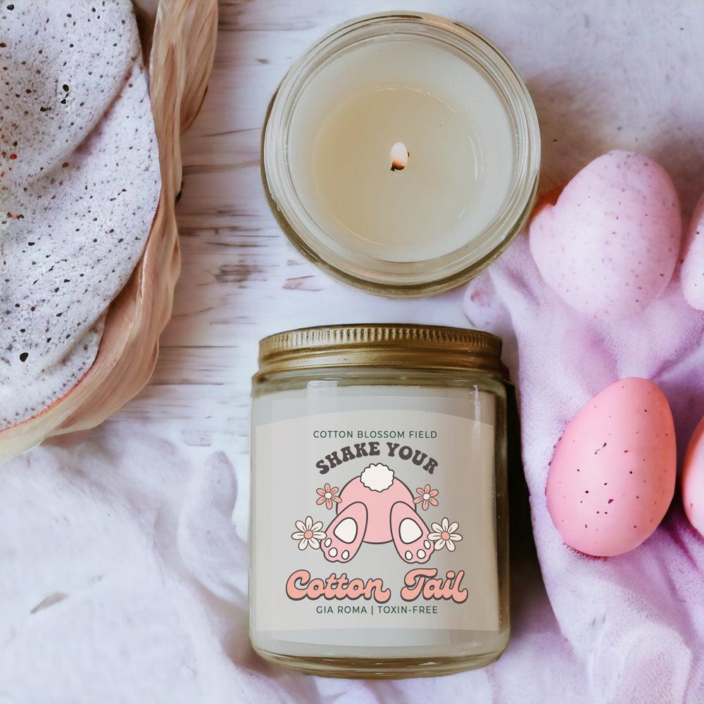 Cotton Blossom Retro Candle Gia Roma in a glass jar with white wax and pink label on Tampa Home & Garden Store