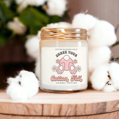 Cotton Blossom Retro Candle by Gia Roma in a clear jar with a pink cotton-tail illustration on Tampa Home & Garden Store