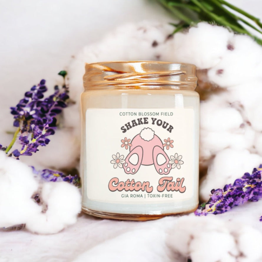 Cotton Blossom Retro Candle by Gia Roma in a clear glass jar with pink label featuring a cartoon cotton tail and flowers on Tampa Home & Garden Store