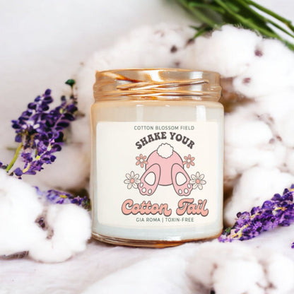 Cotton Blossom Retro Candle by Gia Roma in a clear glass jar with pink label featuring a cartoon cotton tail and flowers on Tampa Home & Garden Store
