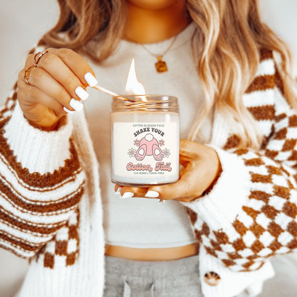 Cotton Blossom Retro Candle in clear glass jar Gia Roma brand pink label with floral design on Tampa Home & Garden Store