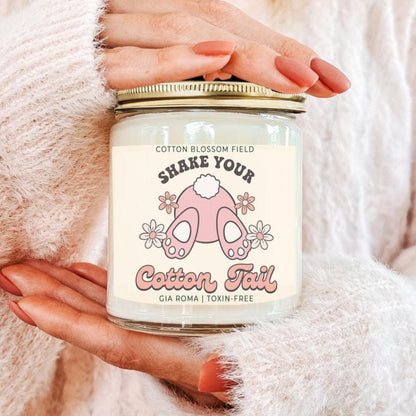 Cotton Blossom Retro Candle by Gia Roma in a glass jar with label and pink bunny tail on Tampa Home & Garden Store
