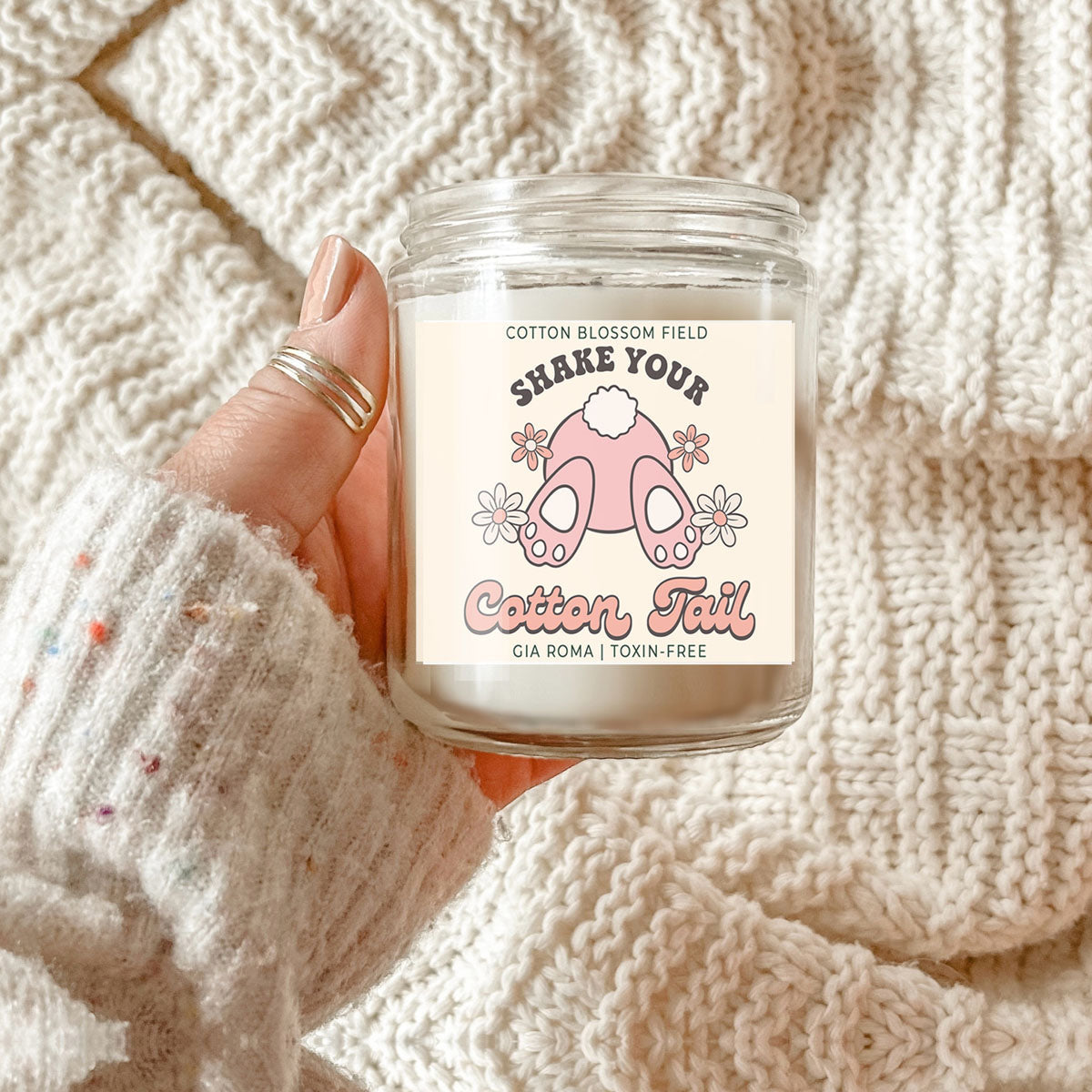Cotton Blossom Retro Candle Gia Roma in clear glass jar with pink label and bunny tail on Tampa Home & Garden Store