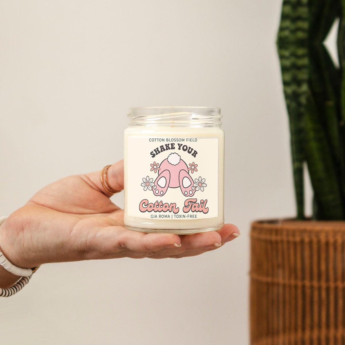 Cotton Blossom Retro Candle by Gia Roma in a glass jar with pink Cotton Tail label on Tampa Home & Garden Store