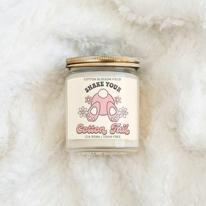 Cotton Blossom Retro Candle Gia Roma in a clear glass jar with a gold lid and pink label art on Tampa Home & Garden Store