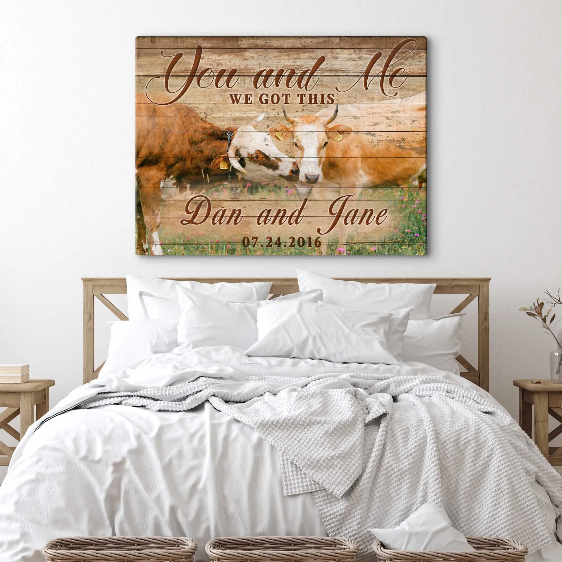 We Got This Couple Cattle Sign canvas wall art with two cows on rustic wood planks on Tampa Home & Garden Store