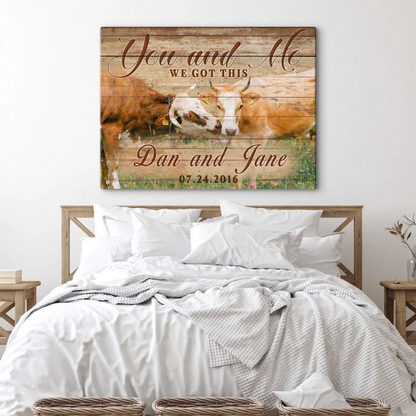 We Got This Couple Cattle Sign canvas wall art with two cows on rustic wood planks on Tampa Home & Garden Store