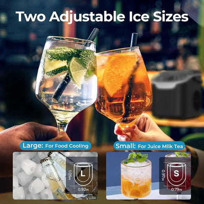 Kismile countertop ice maker two adjustable ice sizes shown with two cocktails on bar on Tampa Home & Garden Store