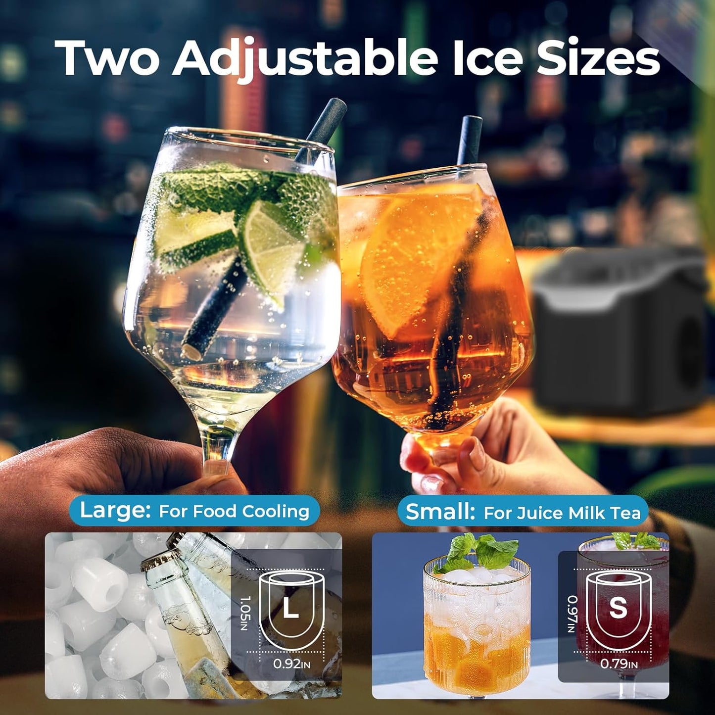 Kismile countertop ice maker with two adjustable ice sizes, shown with two cocktail glasses on Tampa Home & Garden Store