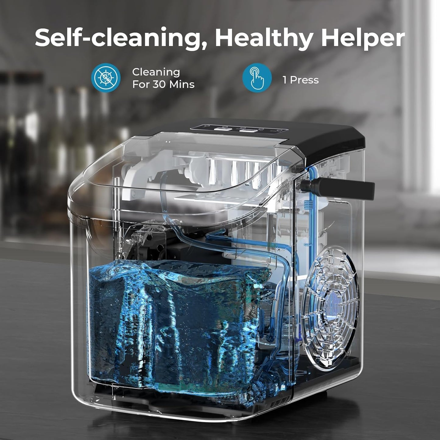 Kismile countertop ice maker, transparent housing with blue ice, black top control panel on Tampa Home & Garden Store