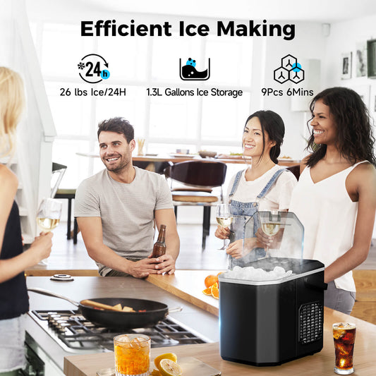 Kismile countertop ice maker Z5822G on a kitchen island, black compact ice machine beside drinks on Tampa Home & Garden Store