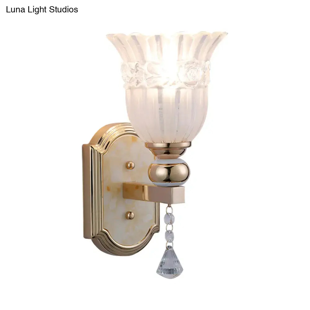 Gold Frosted Glass Floral Hallway Sconce Decorbites with crystal drops, wall mount on Tampa Home & Garden Store