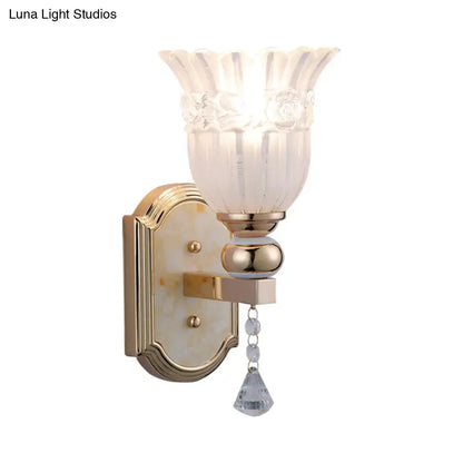 Gold Frosted Glass Floral Hallway Sconce Decorbites with crystal drops, wall mount on Tampa Home & Garden Store