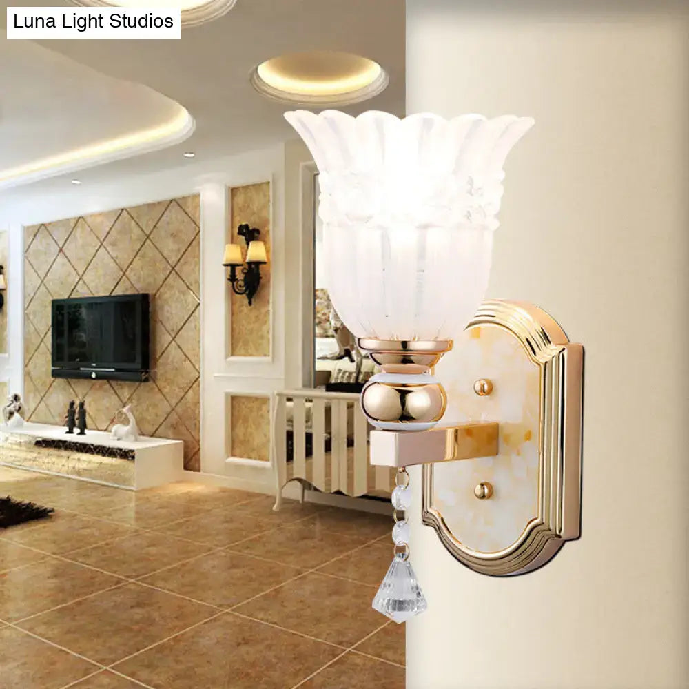 Gold Frosted Glass Floral Hallway Sconce with gold finish and crystal pendant Decorbites on Tampa Home & Garden Store
