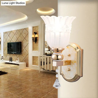 Gold Frosted Glass Floral Hallway Sconce with gold finish and crystal pendant Decorbites on Tampa Home & Garden Store
