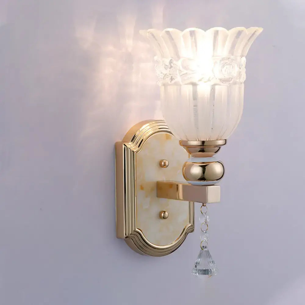 Decorbites gold brass hallway sconce with frosted floral glass shade and crystal drop on Tampa Home & Garden Store