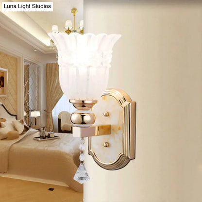 Decorbites Gold Frosted Glass Floral Hallway Sconce with crystal drop and gold wall plate on Tampa Home & Garden Store