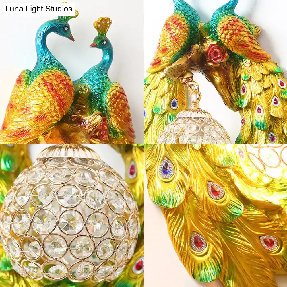 Gold Crystal Peacock Sconce Dome Resin Frame by Decorbites; peacocks with crystal ball lamp on Tampa Home & Garden Store