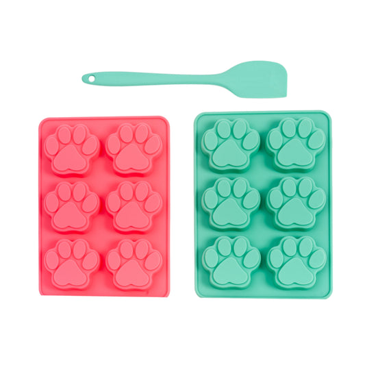 Kit de silicona para hornear de 3 piezas Country Living: incluye 2 bandejas para hornear (molde de 6 cavidades con forma de huella de pata) y una espátula para preparar golosinas caseras para perros, dulces, chocolate y cubitos de hielo.