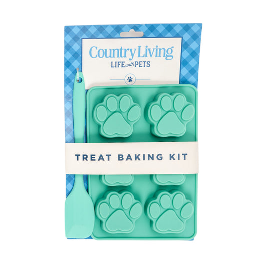 Kit de silicona para hornear de 3 piezas Country Living: incluye 2 bandejas para hornear (molde de 6 cavidades con forma de huella de pata) y una espátula para preparar golosinas caseras para perros, dulces, chocolate y cubitos de hielo.