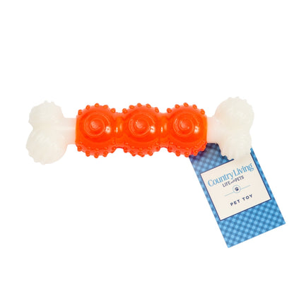 Juguete masticable para perros Bone-a-Treat de Country Living: bolas abultadas de color naranja y aro espiral verde