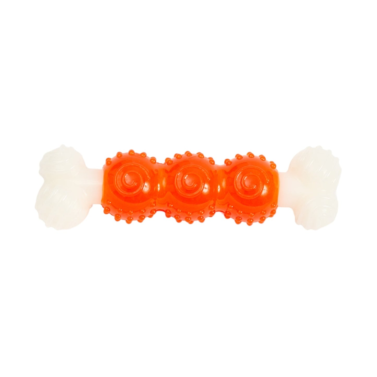 Juguete masticable para perros Bone-a-Treat de Country Living: bolas abultadas de color naranja y aro espiral verde