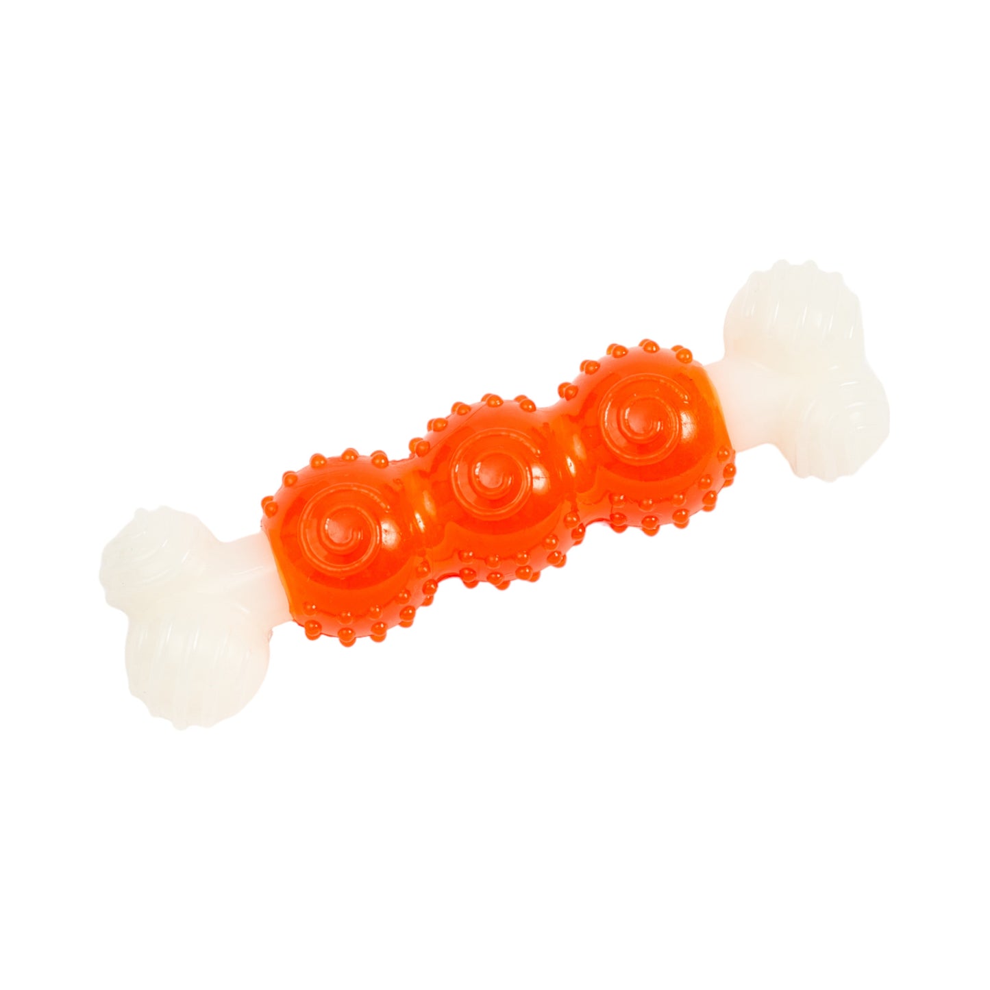 Juguete masticable para perros Bone-a-Treat de Country Living: bolas abultadas de color naranja y aro espiral verde