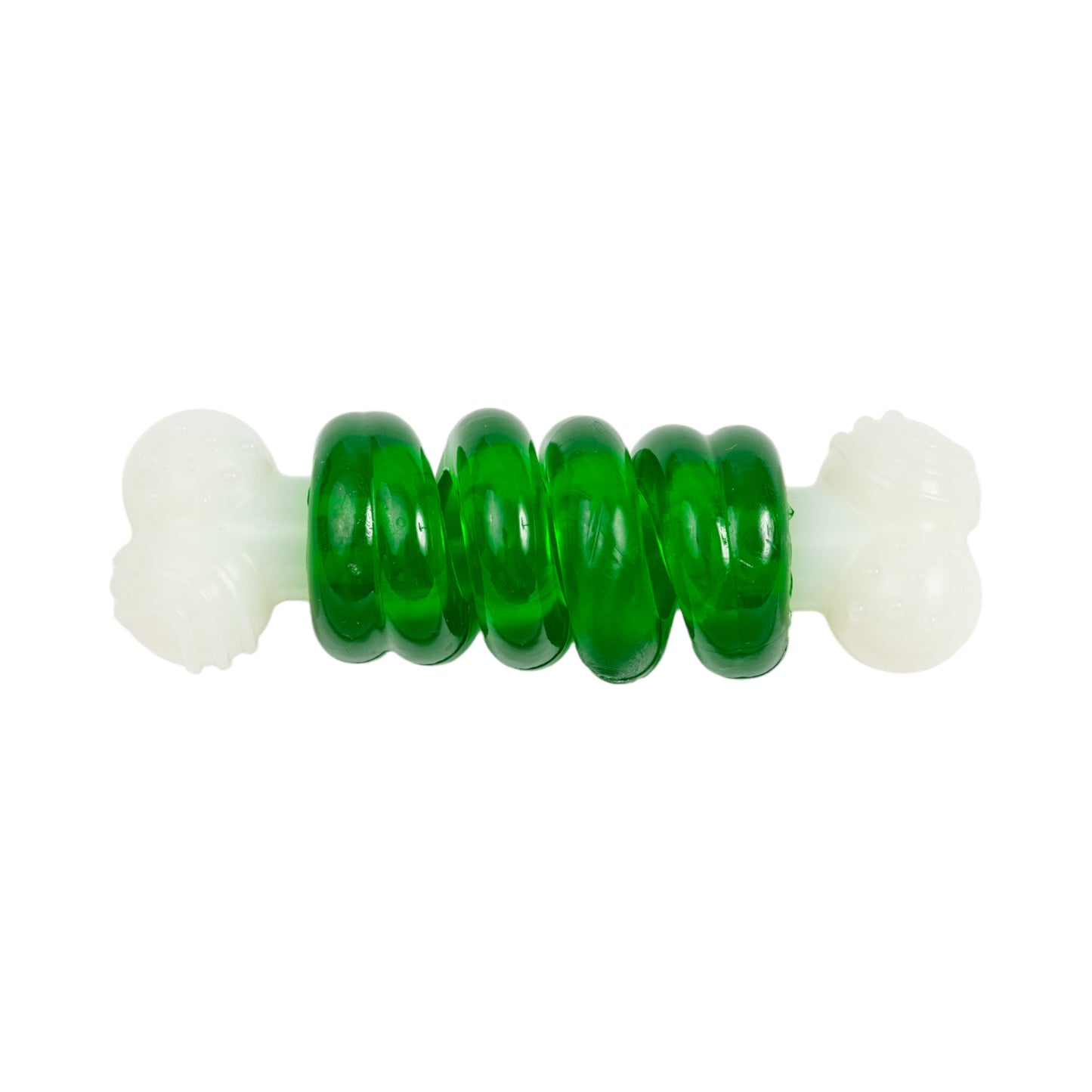 Juguete masticable para perros Bone-a-Treat de Country Living: bolas abultadas de color naranja y aro espiral verde