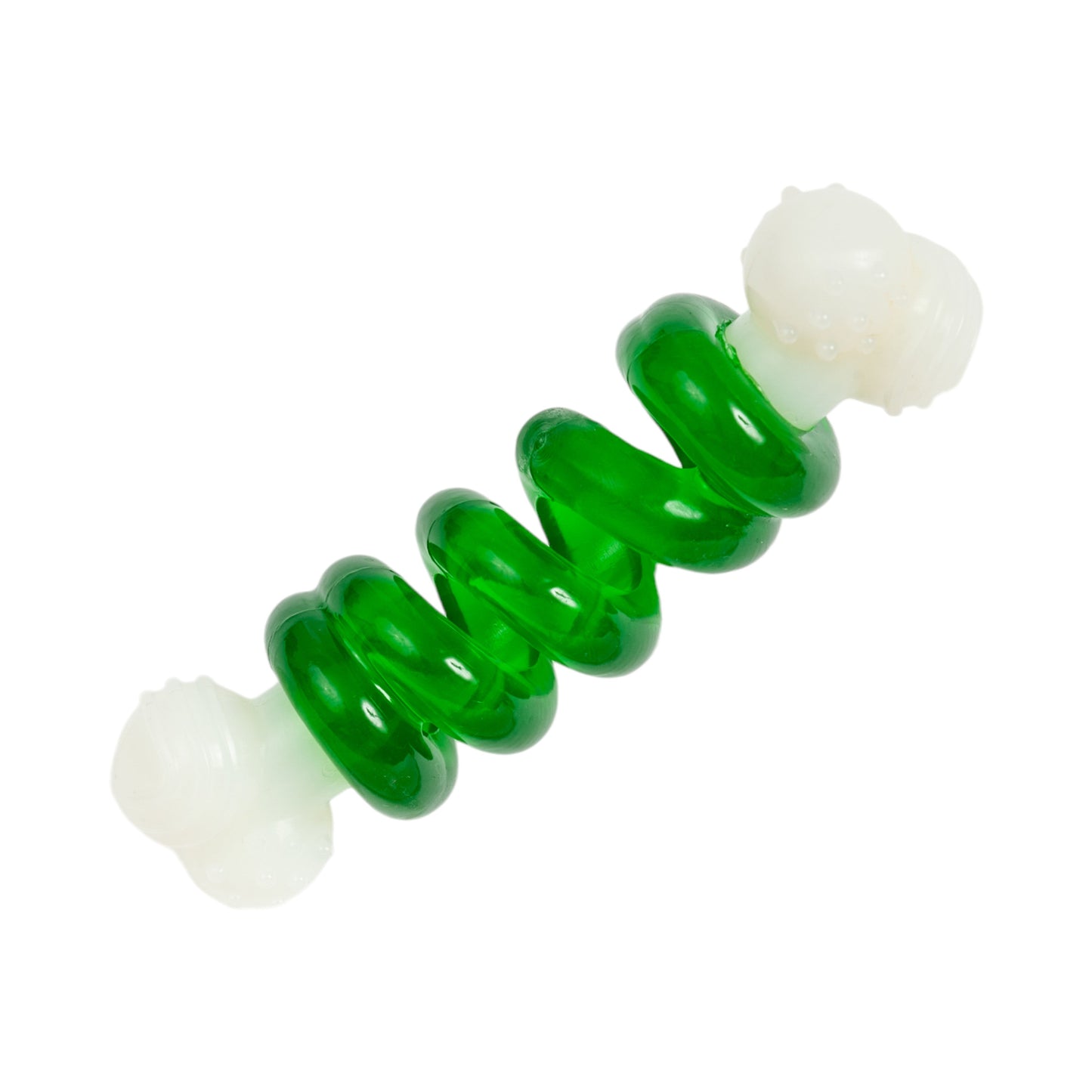Juguete masticable para perros Bone-a-Treat de Country Living: bolas abultadas de color naranja y aro espiral verde