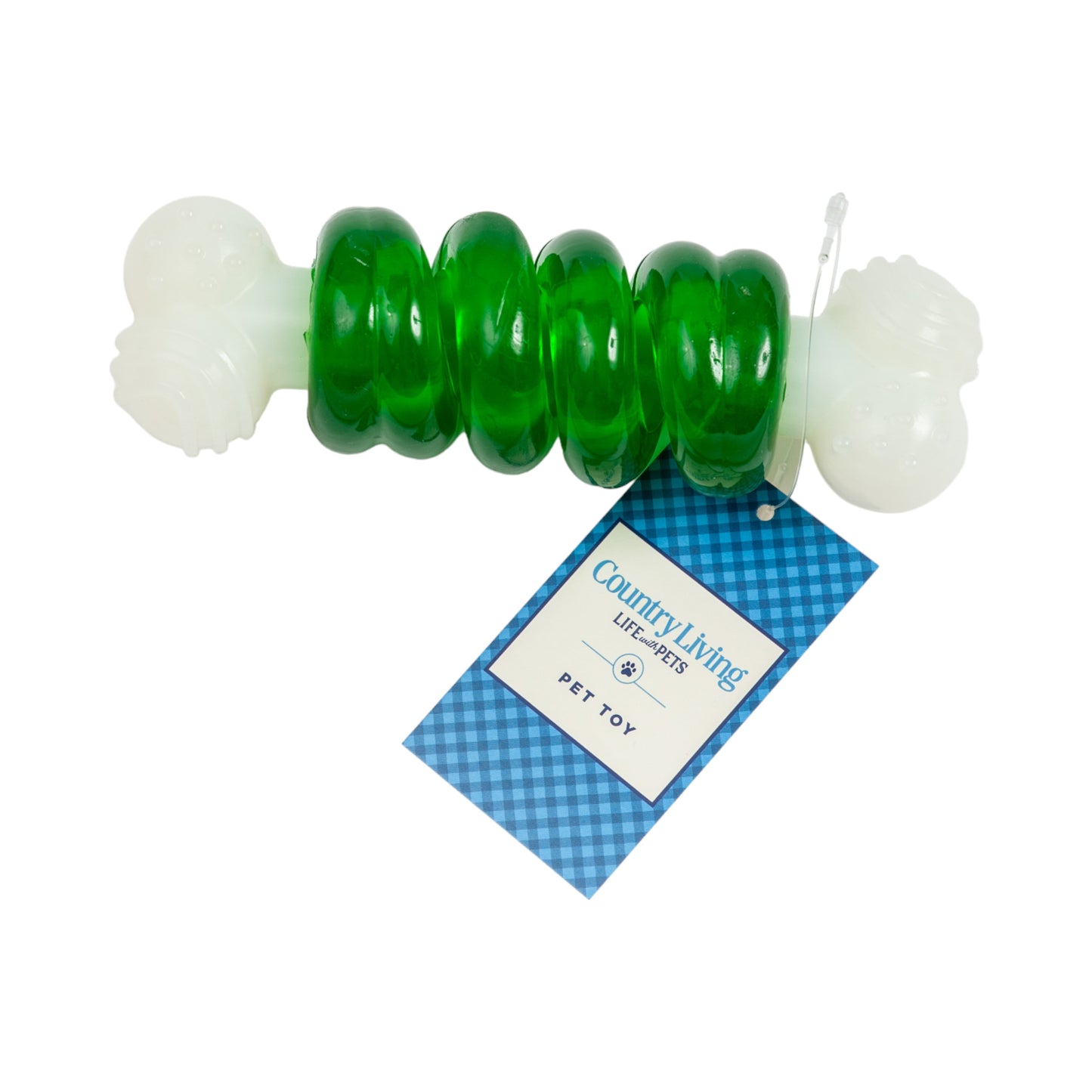 Juguete masticable para perros Bone-a-Treat de Country Living: bolas abultadas de color naranja y aro espiral verde