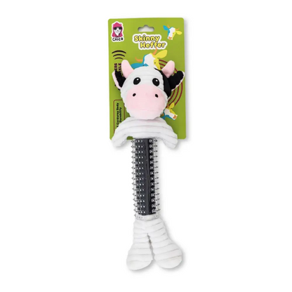 Peluche de vaca blanca y negra de caucho termoplástico para perro de Country Living, con chirriador y papel arrugado