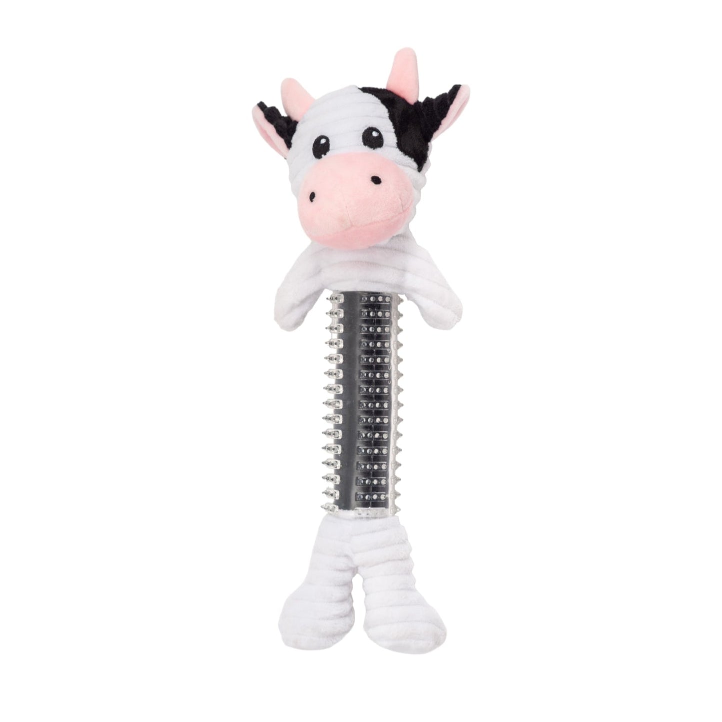 Peluche de vaca blanca y negra de caucho termoplástico para perro de Country Living, con chirriador y papel arrugado