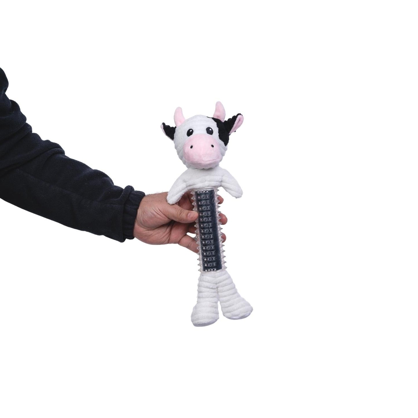 Peluche de vaca blanca y negra de caucho termoplástico para perro de Country Living, con chirriador y papel arrugado