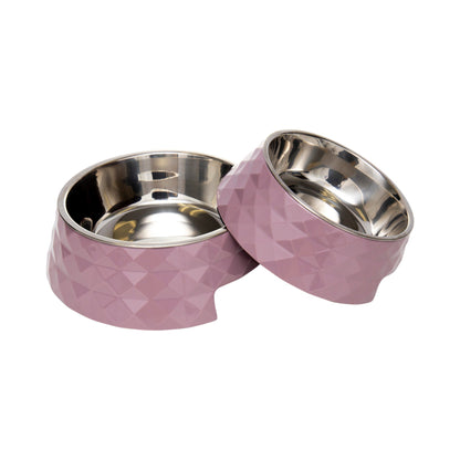 Ensemble de 2 gamelles pour chien Country Living en mélamine à motif sergé diamant avec inserts amovibles en acier inoxydable – Rose Bois