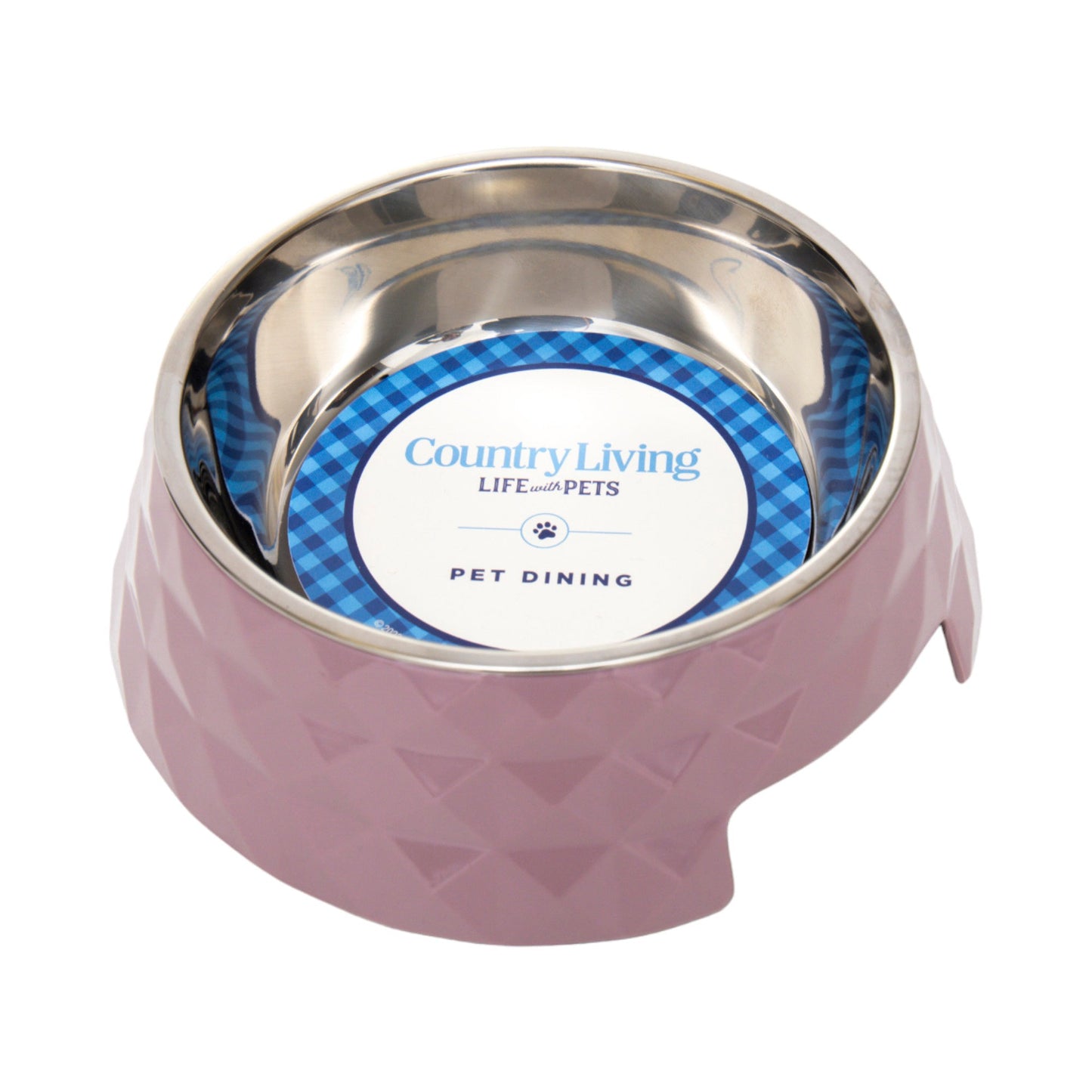 Ensemble de 2 gamelles pour chien Country Living en mélamine à motif sergé diamant avec inserts amovibles en acier inoxydable – Rose Bois