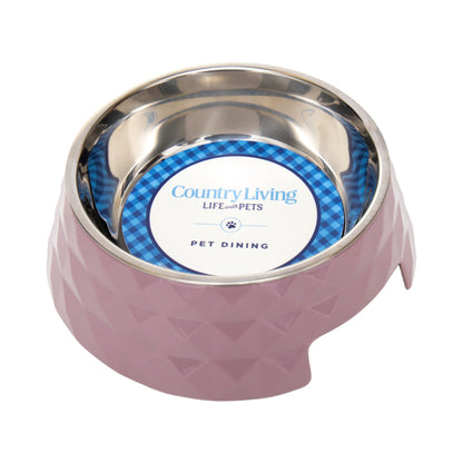 Ensemble de 2 gamelles pour chien Country Living en mélamine à motif sergé diamant avec inserts amovibles en acier inoxydable – Rose Bois