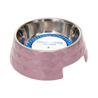 Ensemble de 2 gamelles pour chien Country Living en mélamine à motif sergé diamant avec inserts amovibles en acier inoxydable – Rose Bois
