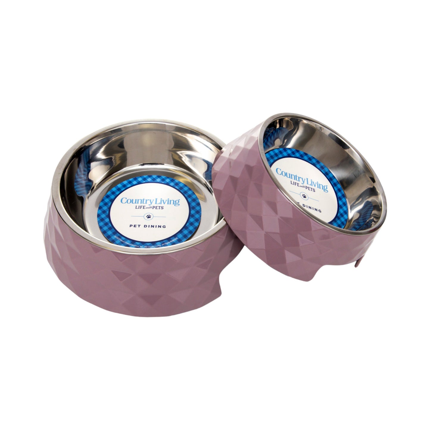 Ensemble de 2 gamelles pour chien Country Living en mélamine à motif sergé diamant avec inserts amovibles en acier inoxydable – Rose Bois