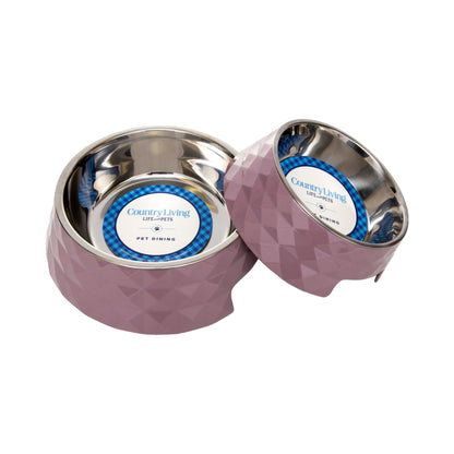 Ensemble de 2 gamelles pour chien Country Living en mélamine à motif sergé diamant avec inserts amovibles en acier inoxydable – Rose Bois
